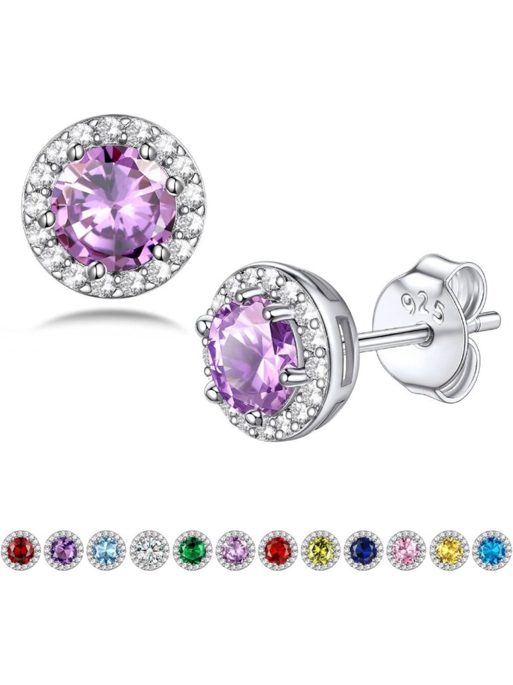 925 Sterling Silver Birthstone Stud Earrings for Women - Heart, Round, Teardrop